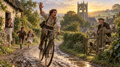 An unkempt man riding a bicycle fast along a Victorian country lane shouting, with ragged people turning from cottage gates and church bells swinging in a belfry beyond the trees.