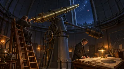 A large Victorian observatory dome at night with an astronomer at the eyepiece of a great brass telescope aimed through an open shutter at a red planet, another working by lamplight at a chart table.