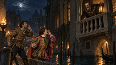 A dark canal in Renaissance Venice at night with reflections of torchlight on black water. A slight young man in flamboyant velvet and a wiry soldier in a buff leather jerkin call out toward a balcony where an elderly grey-bearded senator in a night robe appears with a lantern.