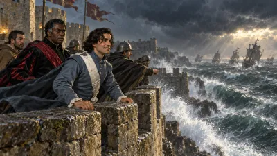 A high stone bastion of a Mediterranean fortress battered by violent ocean spray. Cloaked soldiers lean against stone merlons, peering through driving grey rain and white foam as distant ship masts disappear into roaring waves.
