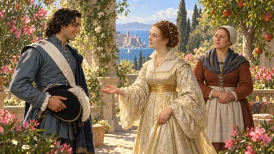 A lush Mediterranean walled garden with blooming pomegranate flowers, stone benches, and cypress trees. Desdemona in an elegant summer gown smiles gently at Cassio, who holds his plumed hat against his chest with humble gratitude.