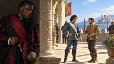 A sunlit stone courtyard with classical columns. In the foreground, Othello hides in deep shadow behind a massive marble pillar, his face twisted with anguish, watching Cassio in the distance smiling and gesturing with Iago.