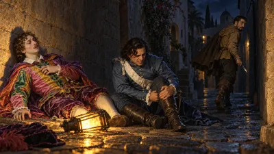 A narrow, dark stone alleyway in Cyprus at night lit only by a single dropped lantern. Roderigo lies groaning against a stone wall while Cassio clutches his slashed leg on the cobbles, as Iago slips away into the black shadows.