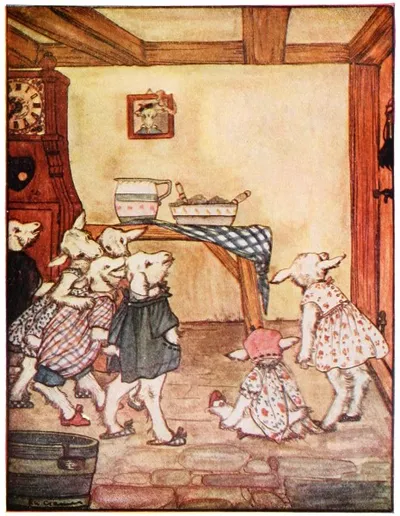 A mother goat in an apron warns seven little goat kids in a cottage kitchen with a tall clock.