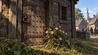 An ancient wooden prison door with heavy iron spikes and a blooming pink wild rose-bush at its threshold in colonial Boston.