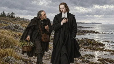 A pale young clergyman in a black gown and a stooped older scholar with a basket of plants walking along a gray shoreline.