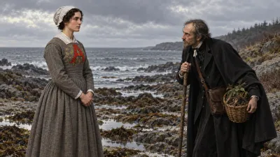 A woman in a gray gown confronting a stooped older scholar holding a walking staff on an overcast beach.