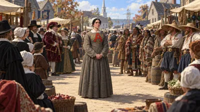 A woman in gray with a scarlet letter standing in a clearing amidst a dense crowd of holiday celebrants in colonial Boston.