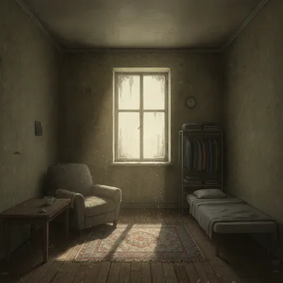 A dimly lit, sparsely furnished room with a single beam of sunlight highlighting dust particles.