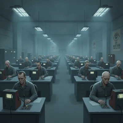 A large, sterile office filled with rows of desks and people working at machines.