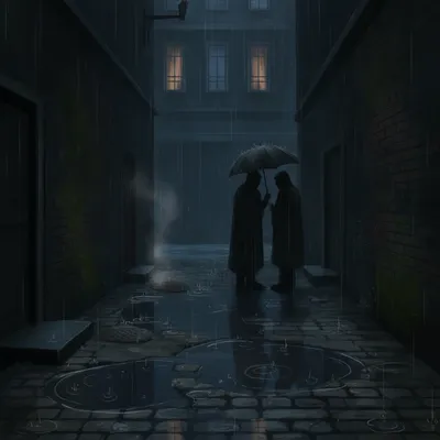 A dark, narrow alleyway with rain falling on cobblestones.