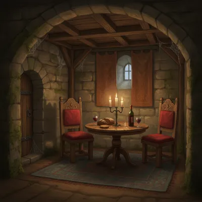 A dimly lit, sparsely furnished room with a table and two chairs, suggesting a secret meeting place.