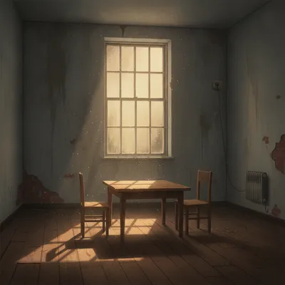 A sparsely furnished room with a table and two chairs, illuminated by weak light from a dirty window.