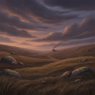 A wide, desolate moor under a dark sky, with a small farmhouse visible in the distance.