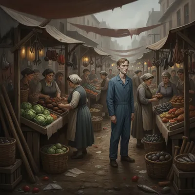 A crowded street market in the Prole district, with stalls and people milling about.