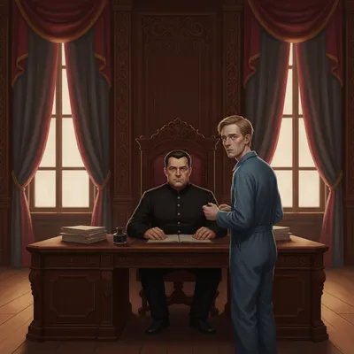 O'Brien sits at a desk in a grand room, speaking to Winston Smith who stands before him.