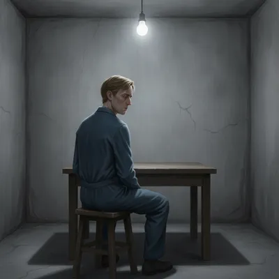 Winston Smith sits in a bare, sterile interrogation room, looking exhausted.