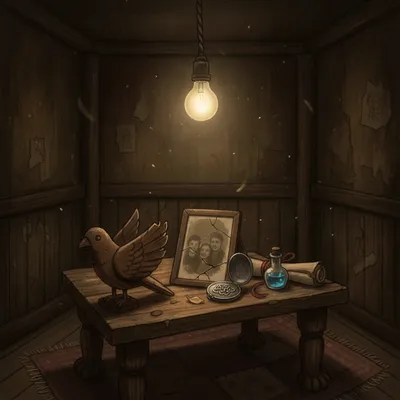 A close-up view of a wooden table laden with small, antique items like a carved bird and a locket, illuminated by a single dim light bulb.