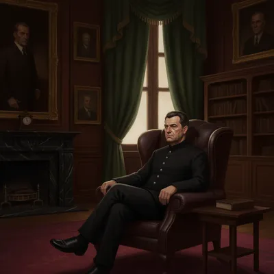 O'Brien, an imposing man in black Inner Party uniform, sits in a plush armchair in a dimly lit, opulent room.