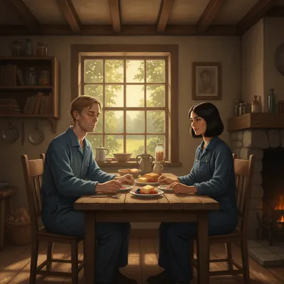 Winston Smith and Julia, in their blue overalls, enjoy a peaceful meal in a rustic room with sunlight streaming in from outside.