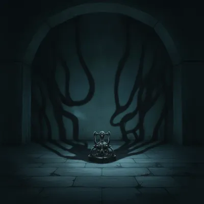 Winston Smith, in blue overalls, is led into a dark, cavernous room, his body tense with fear, facing an unseen terror.