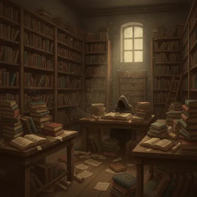 A dusty, cluttered room filled with stacks of books, illuminated by faint light.