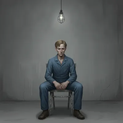 Winston Smith sits dejectedly in a chair in a gray, oppressive room.