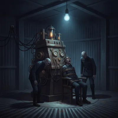 A menacing machine with wires and dials in a dark, metallic room.