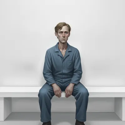 Winston Smith sits listlessly in a stark white room, his eyes vacant.