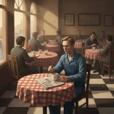 Winston Smith sits alone in a bright cafe, his expression vacant.