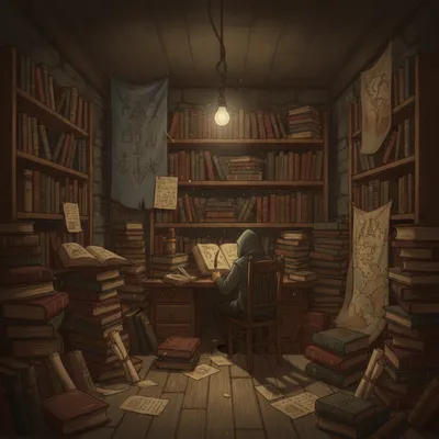 A small, dusty room crammed with old books, illuminated by a single dim lightbulb.