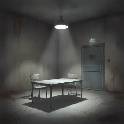 A bare, utilitarian room with a metal table and chairs under bright, clinical lights.
