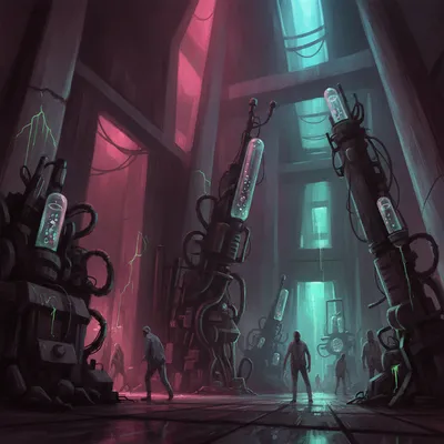 A large, echoing chamber with pulsating lights and humming machinery.