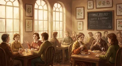 A bright cafe scene with people talking, but with an underlying sense of artificiality.