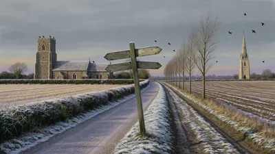 A wide winter landscape split by one long road, English hedgerows and a flint church on the left, a French cart-track and a distant steeple on the right, with a blank leaning signpost at the junction.