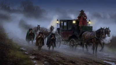 A night mail coach with four straining horses climbing a foggy muddy hill, an armed guard at the rear and three muffled passengers walking alongside in the mire.