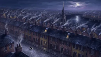 A moonlit view across the rooftops of a sleeping city, shuttered houses stretching into haze with one faint lit window and a cat crossing wet cobbles below.