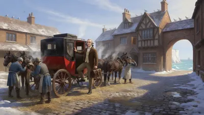 A mud-caked mail coach in a sunlit cobbled inn-yard while an elderly traveller in a brown suit climbs down out of it in a tangle of straw and wrappers.
