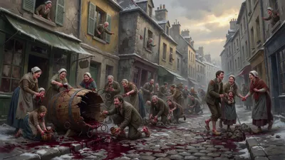 A crowd of ragged people kneel and scoop spilled red wine from the cobbles of a narrow Paris street beside a burst cask outside a corner wine-shop.