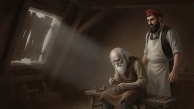 A bearded man in a white apron stands looking down at a white-haired man bent over a shoemaker's bench in a dark garret lit by one narrow band of grey light.