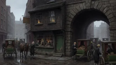 A cramped old banking house wedged beside the stone arch of Temple Bar, its barred mud-splashed windows showing a candlelit interior of old clerks at ledgers.