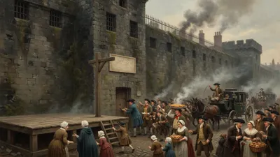 A jostling crowd fills the street outside the black spiked wall of Newgate gaol, paying at a guarded door while hawkers sell food beside an empty pillory.