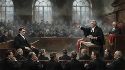 A wigged prosecutor in full flow addresses a row of uneasy jurymen in a packed courtroom while the prisoner stands small and steady in the distant dock.