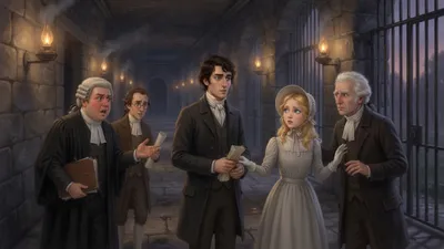 A small group congratulates a young man in a dim courthouse passage while a white-haired gentleman beside him stares at him with a frozen look of distrust.