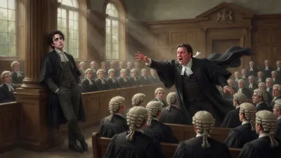 A florid barrister pushes forward through rows of white-wigged colleagues in a grand courtroom while a dishevelled young man leans against a pillar at the back, staring upward.