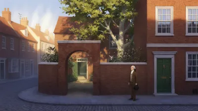 A sunlit dead-end street corner with a large brick house, an archway leading to a courtyard plane-tree, and an elderly man in a brown suit approaching the door.