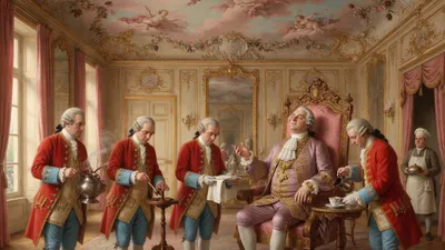 A silk-clad nobleman sits in a great chair in a gilded room while four liveried servants carry, froth, pour and present his cup of chocolate.