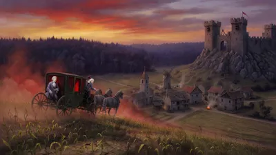 A wide sunset view over thin French cornfields toward a small village with a church tower and windmill, a forest, and a fortress-prison on a crag, with a travelling carriage cresting the hill.