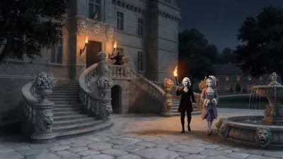 A torchlit stone chateau at night with sweeping staircases, urns and carved stone faces of men and lions, a fountain dropping into its basin and a figure climbing the steps behind a flambeau-bearer.