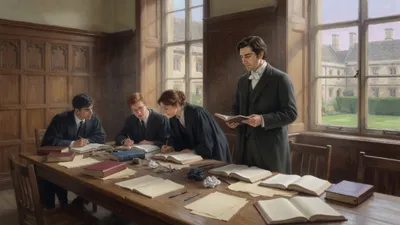 A young tutor in a plain dark coat stands at the head of a long table of French books explaining a passage to several undergraduates in a sunlit panelled study.
